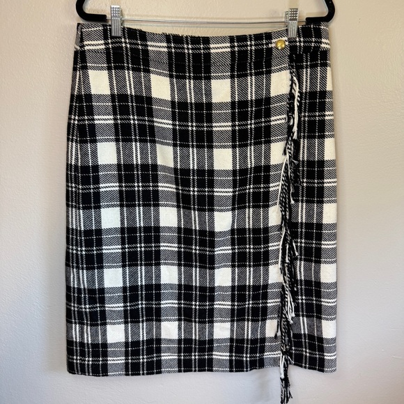 Talbots Wool Blend Fringe Wrap Skirt Ice Plaid Black White Women’s Size 14 Plus - Picture 1 of 9
